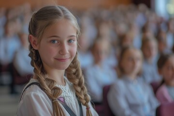 A girl with braided hair is smiling at the camera