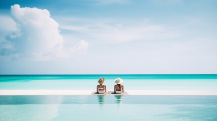 vacation, couple on the beach near swimming pool, luxury travel 