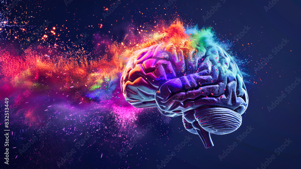 Poster a colorful human brain with exploding color dust against a dark background. brilliant ideas concept.