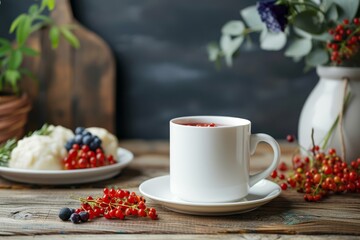 Mockup white cup on saucer on wooden table in cozy rural interior with motifs of national cuisine. Red berries, currants, rowan, dumplings, borscht, khinkali