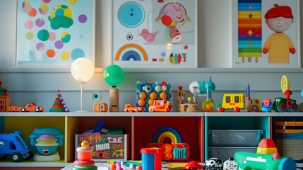 Colorful cartoon toys scattered on the floor after a fun children's party
