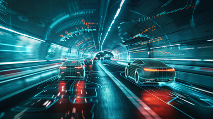 Self driving vehicles in an underground tunnel. Concept of integration of Ai technology in traffic control.