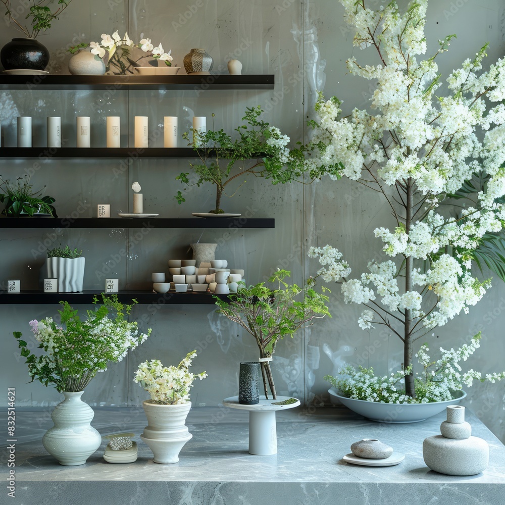Aufkleber a shelf of vases and potted plants with a white tree in the background