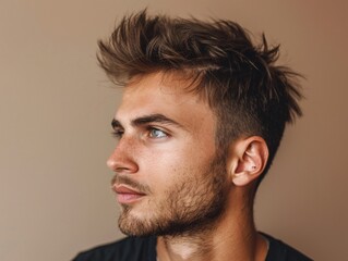 Obraz premium Fashionable man with spiky hair styled with gel against a neutral background,Generative AI illustration.