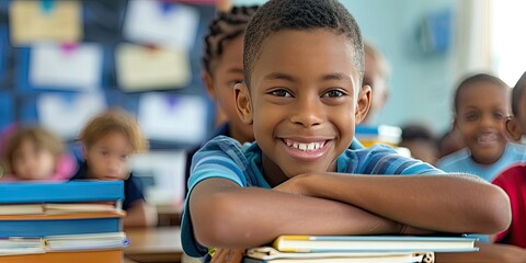 a image of a boy sitting at a desk with a stack of books