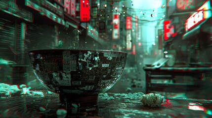 Ramen bowl on a wet city street with a cyberpunk aesthetic