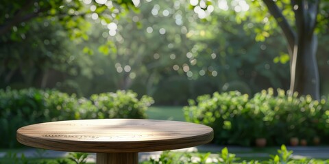 empty table to showcase your product on garden wind angle view background