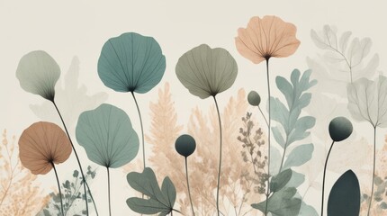 Delicate textures and halftone prints with ben day dots enhance the abstract botanical design.