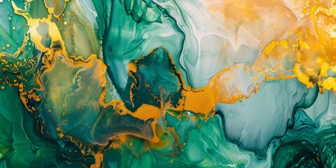 colorful ink gold and green painting , marble stone background