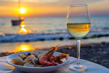 glass of white wine and plate seafood, selective focus	
