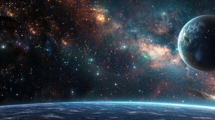 Obraz premium Create a breathtaking, panoramic view of an intimate dinner setting amidst celestial bodies in deep space using CG 3D technology