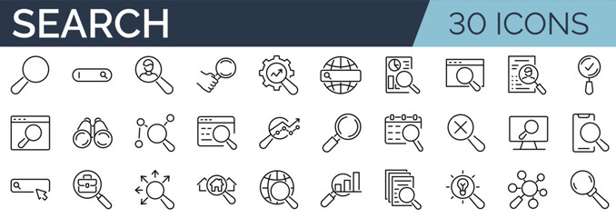 Set of 30 outline icons related to search. Linear icon collection. Editable stroke. Vector illustration