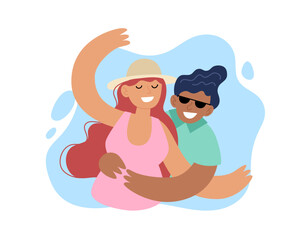 Summer holidays people. Happy couple smiling for a picture. Concept vector illustration