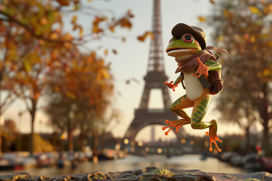 A frog with a backpack and a cap is performing jumps with the Eiffel Tower and the Seine River visible in the distance