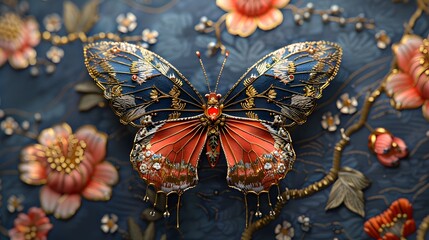 A vibrant and intricately detailed butterfly with blue and red wings is surrounded by elegant floral patterns on a dark blue background.