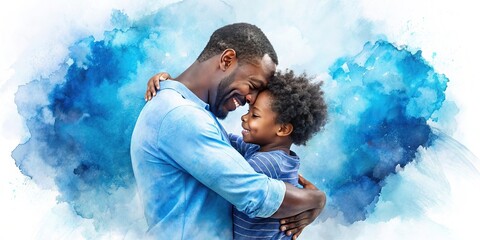 Abstract blue watercolor background with silhouettes of African American father and son hugging