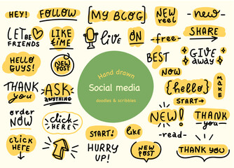 Hand drawn style social media communication texts for promotion, easy edit. Digital phrases