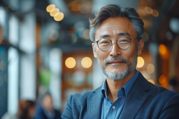 Confident mature man with glasses and grey beard in a modern indoor setting, ideal for business and lifestyle concepts. POV Point of View shooting trend. - Powered by Adobe