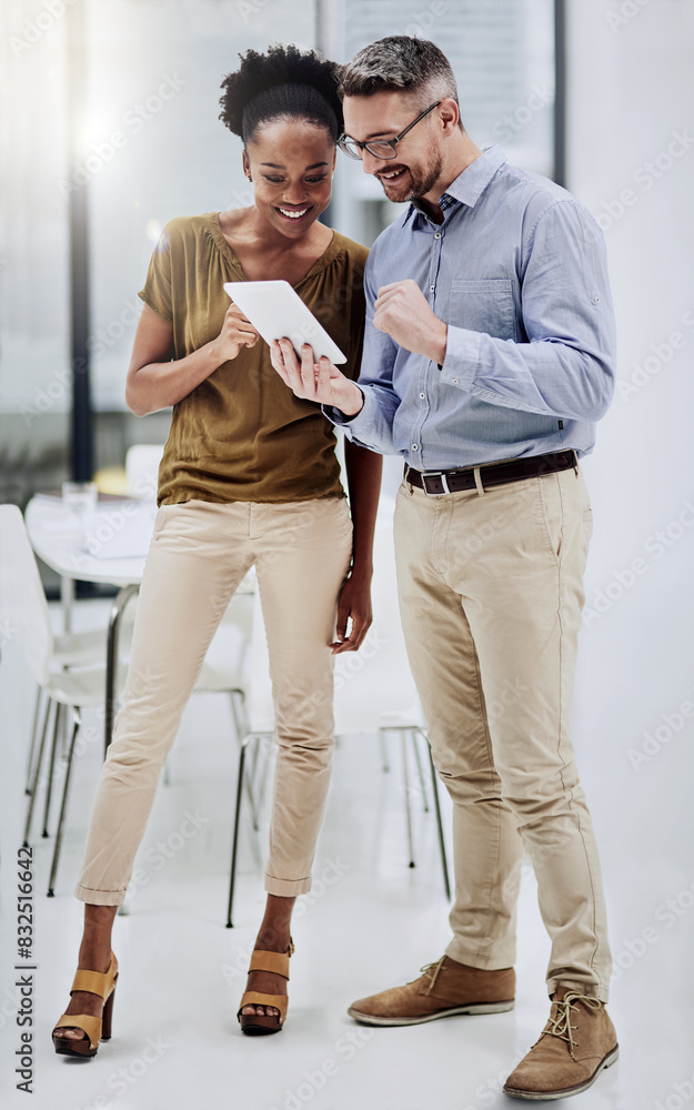 Aufkleber Employee, people and happy at office with tablet for teamwork or collaboration and project. Ideas, discussion and smile with sharing information on internet or online for skill or career development