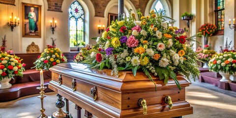 Funeral scene with a decorated coffin surrounded by flowers in a church setting
