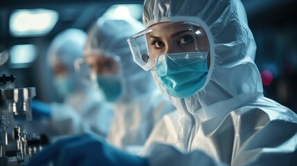 Woman biochemical research scientist team working with virus vaccine development in pharmaceutical research labolatory, selective focus