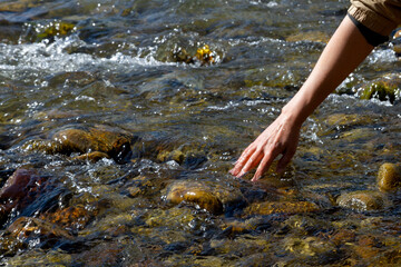 Women's hands, water is pouring near the river. People in nature. Ecology. A woman touches the water with her hands.