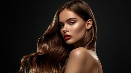 Fototapeta premium Beautiful woman with long brown hair in motion with a dark backdrop showcasing hair care and beauty.