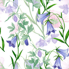 Summer bells. Seamless watercolor pattern of summer flowers on white background.