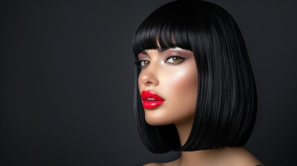 Fototapeta premium Photography of a beautiful woman with sleek black hair and red lips against a dark background., Portrait of a woman with black hair and red lips in a dark studio setting.