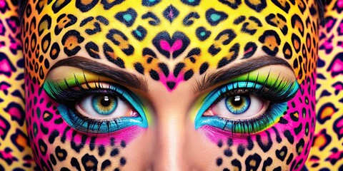 Pop art collage of anime style eyes with 90's neon retro makeup against a leopard print background