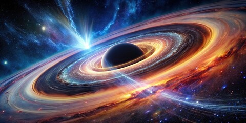 A dramatic scene of a black hole consuming a galaxy star and bending spacetime rings in outer space
