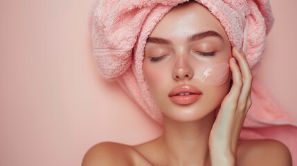 Photography of a beautiful woman with closed eyes and an elegant towel headwrap against a pink background., Woman with a towel headwrap and skincare cream on her face with a pink backdrop.