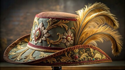 Antique musketeer hat with intricate embroidery and feather accent