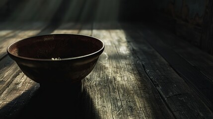 Rice bowl on a wooden table with sunlight and shadows for a minimalist and zen aesthetic