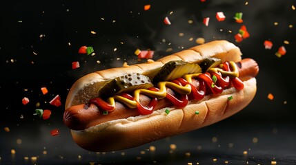 flying hot dog with ketchup mustard and pickles on a dark background., Hot dog with condiments flying in mid-air against a dark background showcasing food photography.
