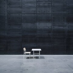 A vast, empty room with a stark black concrete wall stretching into the distance, emphasizing the room's expansive nature.