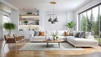 Stylish white modern living room with minimalist decor