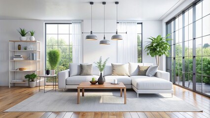 Minimalist white living room with modern decor, render on bright background