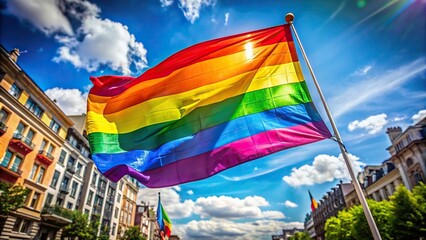 Rainbow flag flying high in the sky during a pride parade
