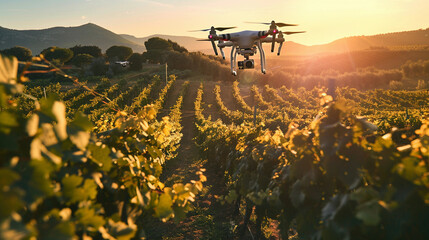 Futuristic Agriculturing. Drone Hangs Over Sunlit Vineyard