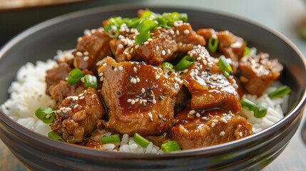 Fototapeta premium Savory pork in sweet miso served with rice