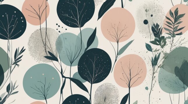 abstract botanical design, incorporating natural shapes and forms, nature colour palette, halftone print using ben day dots, harmonious balance, delicate textures