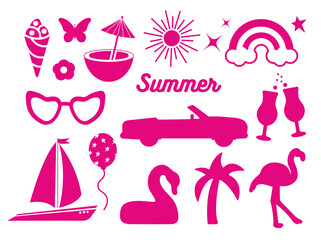 summer trendy set of pink stickers. Cute, holiday objects isolated on white background.  palm, cocktail, flower, star, car: collection in a minimalist style. for print, social network. png