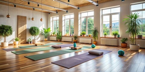 Peaceful yoga studio with mats and props set up for a class
