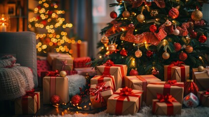 Many gift boxes and christmas decorations under a beautiful decorated christmas tree with bokeh lights in living room at night.