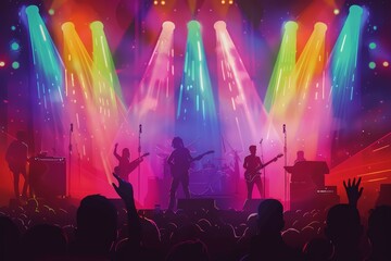 Illustration of a live music performance with vibrant rainbow lighting and an enthusiastic crowd. expressive audience, and colorful lights convey the excitement and unity of an LGBTQ+ celebration.
