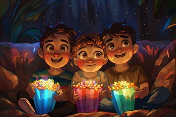 Three boys enjoying movie night, sitting with colorful popcorn, expressions of joy and wonder. Warm, cozy atmosphere. Emphasis on fun, friendship, and happy moments. Celebrates unity and love