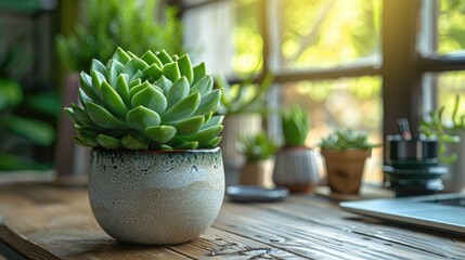 A potted succulent plant on a minimalist desk, perfect for adding text or quotes.
