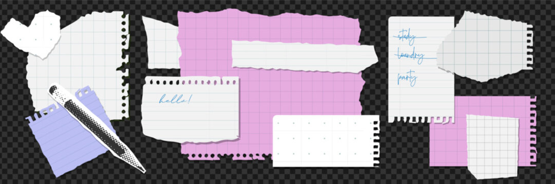 Collection of torn sheets of paper. Trendy Collage turnout elements in 90s colors. Abstract Elements and figures set. Piece of paper from scrapbook and notepad . Vector illustration.