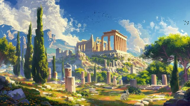 panorama of the ruins of ancient Roman buildings. Virtual 4K video animation background with looping time lapse with very smooth graphics.